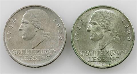 Weimarer Republik - Konvolut: 2 x 3 Reichsmark 1929 A und D, Lessing,
