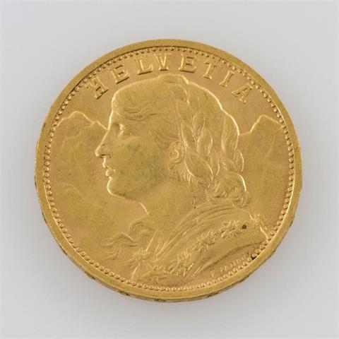 Schweiz/GOLD - 20 Franken Vreneli 1899 B,