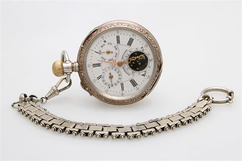 Taschenuhr, Lepine, um 1900, mit Mondphase u. Kalender. Silber 800