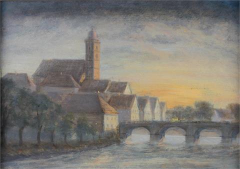 Maler, 20. Jh.: Blick auf die Stadt Nürtingen mit Stadtkriche und Neckarbrücke,