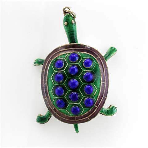 Anhänger "Schildkröte" in Blau, Grün u. Rot emailliert.