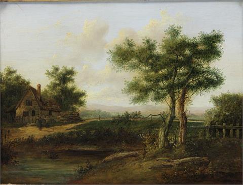MORRIS, CHARLES GREVILLE (1861-1922): "Idyllische Landschaft" mit kleinem Bauernhaus und See im Vordergrund, 19. Jh.,
