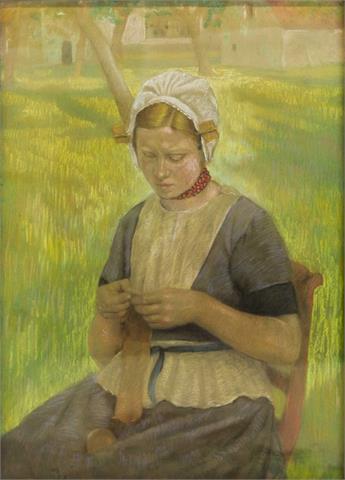 FACKERE, JEF VAN DE (wohl; 1879-1946): "Strickerin", auf einer Wiese sitzende Frau in Tracht bei der Handarbeit, wohl 1919,