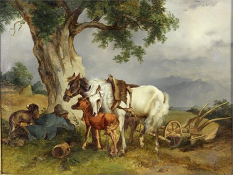 Maler 19. Jh.: Bauer mit Pferdeflug und Hund bei der Rast, wohl 1840,