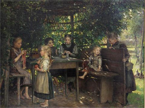 PILTZ, OTTO ( 1846-1910): unter einer Weinlaube sitzende Kinder beim Stricken, 19. Jh.,