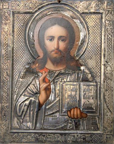 Ikone. Christus Pantokrator mit Silberoklad. RUSSLAND, 19. Jh.