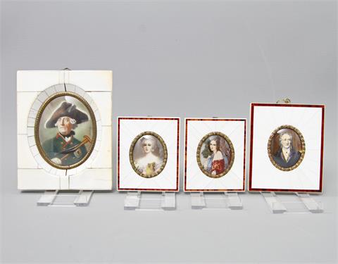 Konvolut: 4 Miniaturbildnisse: Friedrich der Große, Goethe, Katharina v. Rußl, Lady Hamilton,