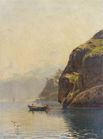 DAHL, HANS ANDREAS (1881-1919): Blick in einen Fjord mit Fischern im Boot, 19. Jh.,