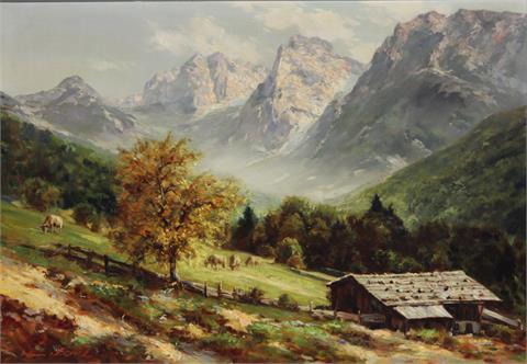 NICKEL, HANS (1916-1977): "Berglandschaft mit Gehöft und weidenden Kühen", 20. Jh.,