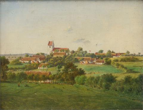 ZEUTHEN, CHRISTIAN OLAVIUS (Attrib.;1812-1890): Blick auf ein dänisches Dorf mit Kirche und Feldern, 19. Jh.,