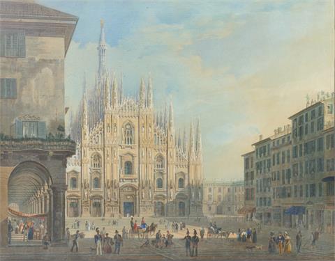 MIGLIARA, GIOVANNI (Attrib.; 1785-1837): Piazza del Doumo mit Blick auf den Mailänder Dom im Sonnenlicht und reicher