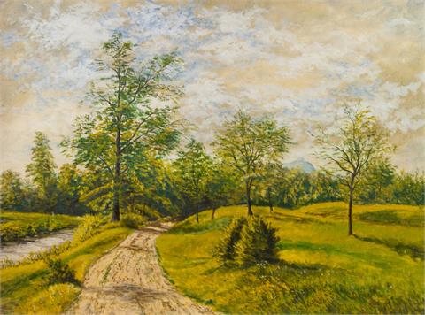 Maler 20. Jh.: Blick auf eine sommerliche Wiese mit Feldweg und Laubbäumen,