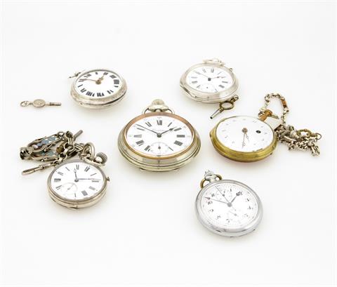 Konvolut: 6 diverse Taschenuhren 19- 20. Jh., teilweise Kronenaufzug u. Schlüsselaufzug, Metall / Doublè / Silbergehäuse,