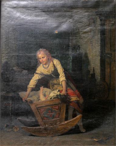 Maler des 19. Jh.:  Mutter mit Kind in der Wiege, wohl 1874,
