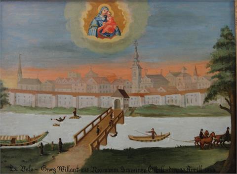 Votivtafel: Stadtansicht (wohl Rosenheim) mit Figurenstaffage, im oberen Bildteil ist Maria mit Kind schwebend in einer Wolke
