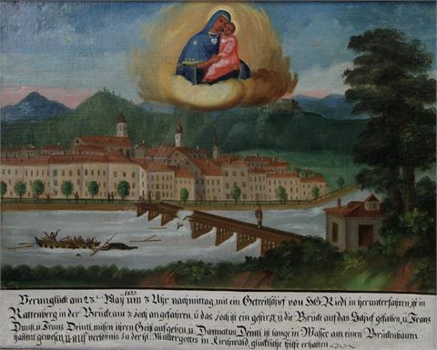 Votivtafel: Schiffsunglück in Rattenberg, im oberen Bildteil ist Maria mit Kind schwebend in einer Wolke dargestellt,