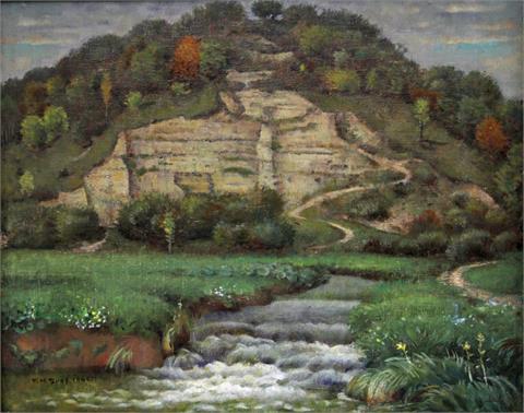 GREF, FRANZ HEINRICH (1872-1957): Sommerliche schwäbische Landschaft mit Blick auf einen kl. Fluss und Hügel, 1940,
