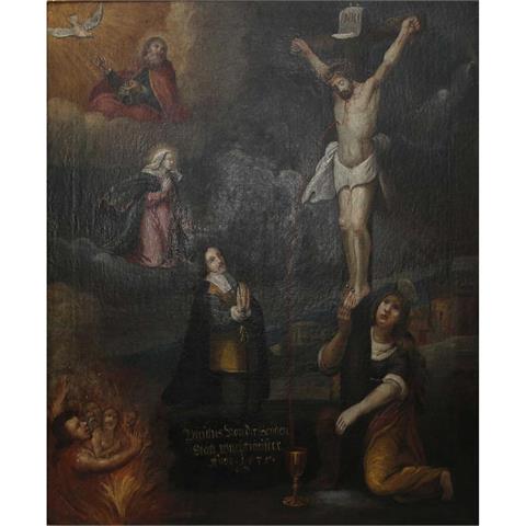 Votivbild: Polychrom gemalte Darstellung "Paulus von Heyden statt Wachtmeister 1675" und Christus am Kreuz,