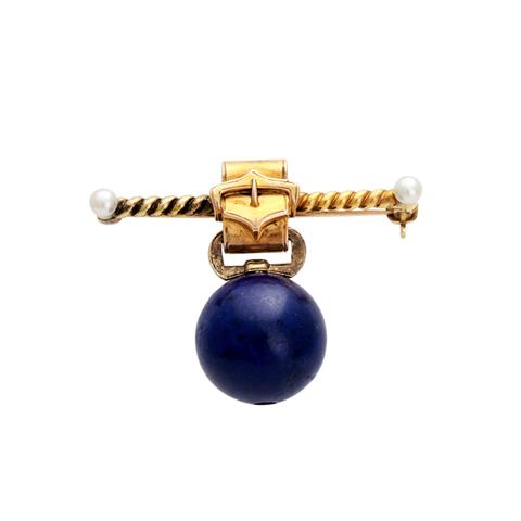 Stabbrosche, gekordelt, mittig Gürtelschließenelement mit einer abhängenden Lapislazuli- Kugel u. seitlich je eine kl. Perle.