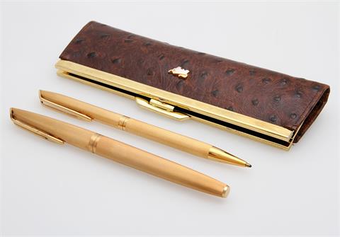 WATERMAN Schreibset bestehend aus einem Kugelschreiber u. Füller, vergoldet, in einem feinen Struaßenleder-Etui.