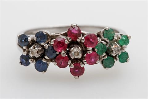 Damenring blütenförmig bes. m. Diamanten, rundfac. Smaragden, Rubinen u. Saphiren.