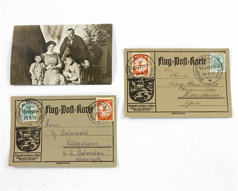 Briefmarken - Deutsches Reich. Konvolut von 3 Flugpostkarten mit der Mi Nr. I Stempel Worms.