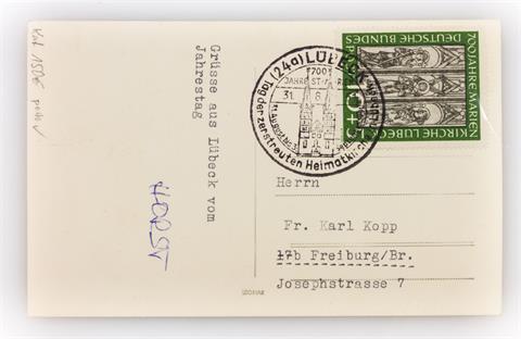 Bund - 1951, 10 + 5 (Pf) Marienkirche Lübeck aportogerecht auf Postkarte,