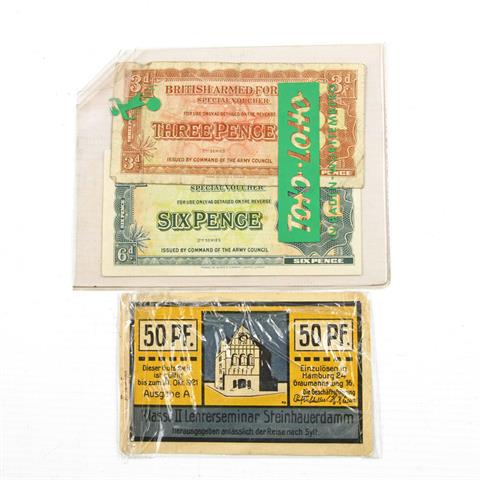 Banknoten - Kleines Konvolut aus Banknoten Großbritannien 1 x 3 Pence + 1 x 6 Pence, dazu 1 x Notgeld Hamburg 50 Pf. 1921.