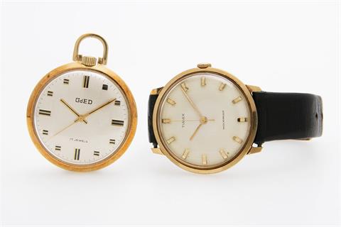 Konvolut: Eine Taschenuhr, 1950/60er Jahre, goldplattiert, Handaufzugwerk.