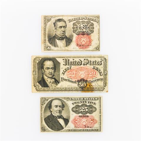 Konvolut aus 3 historischen Banknoten, USA, 19. Jh. - 1 x United States 10 Cents, VS: William M. Meredith, Finanzminister, RS: