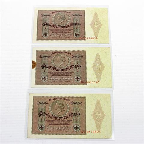 Dt. Reich, Weimarer Republik - 3x 5 Millionen Mark, Reichsdruck QA, B, D,