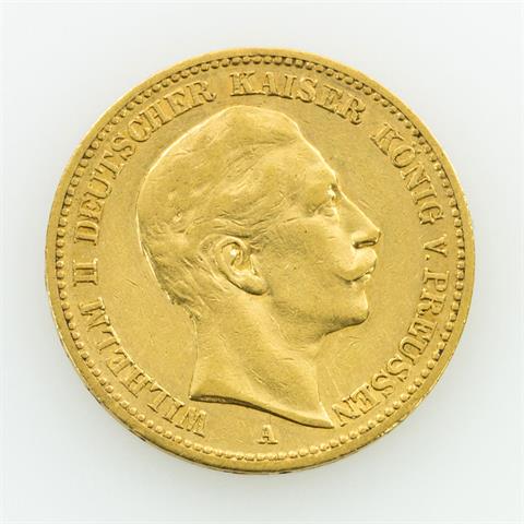 Deutsches Reich/Gold - 1 x 20 Mark, Wilhelm II., 1889/A, Nachprägung, ca. 7,8 Gramm Gold Fein,