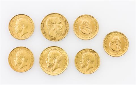 GOLD - Konvolut: 7 Münzen, GB Souvereign 1911, 3x 1/2 Souvereign 1911, 1925(2), Belgien 20 Francs 1867, SA 1 Rand 1971(2), gut