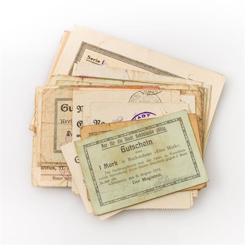 Deutsches Papiernotgeld 1914 - Sammlung von 56 verschiedenen Notgeldscheinen aus zuerst vom Kriegsgeschehen