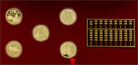 China/GOLD - 5 x 50 Yuan 1993, Meilensteine der Menschheit, in hochedler Holzbox und Originalkarton,