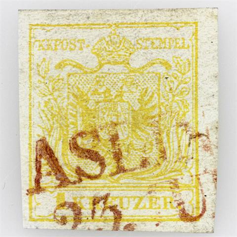 Österreich - 1850, 1 Kreuzer, hellkadmiumgelb, bräunlichroter Langstempel,