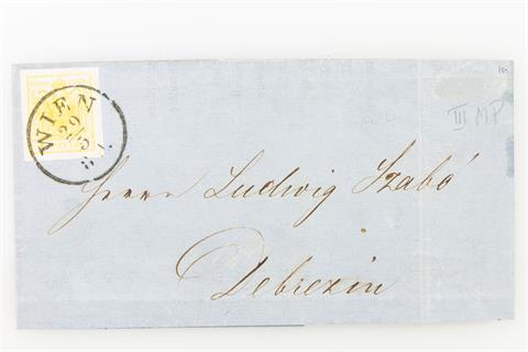 Österreich - 1850, 1 Kreuzer zitronengelb (Maschinenpapier) auf kpl. Drucksache,
