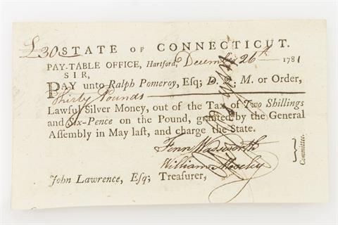 Nordamerika - Revolutionskrieg, 1781, State of Connecticut, 30 Pfund Kriegsanleihe,