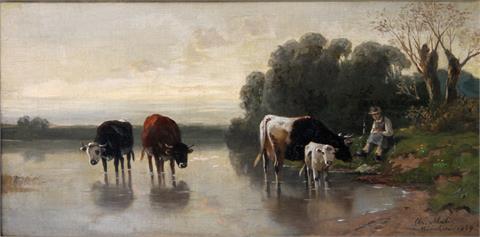 MALI, CHRISTIAN (1832-1906): Hirte mit Kühen am Ufer eines Sees, 1899,
