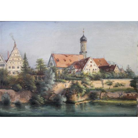 Maler des 20. Jh.: Stadtansicht mit Kirche und Fluss,