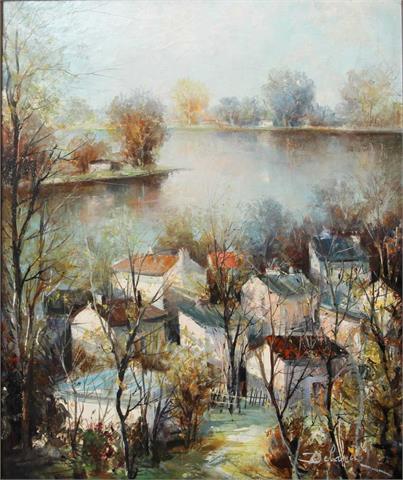 Maler des 20. Jh. (Delaras?): Blick auf ein französisches Dorf am Fluss,