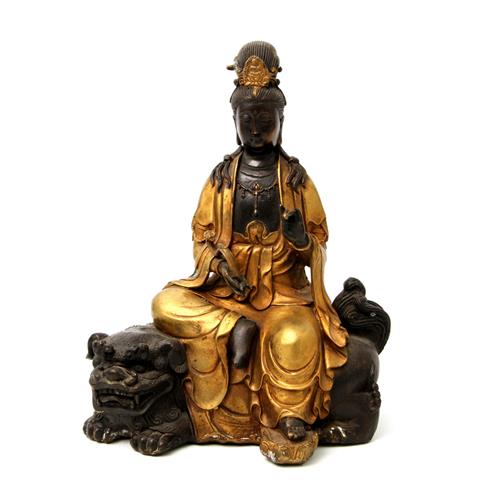 Manjushri auf Löwe aus Bronze. CHINA, wohl Guangxu-Dynastie(1875-1908)