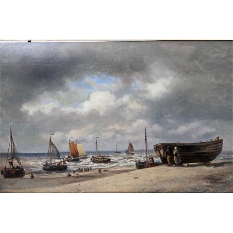 MEIJER, LOUIS (zugeschrieben, 1809-1866): Ankommende Fischerboote entlang des dänischen Strands, wohl 1872,