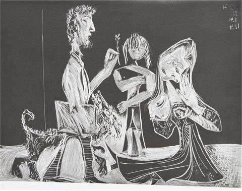PICASSO, PABLO (1881-1973): wohl Picassos Drucker Crommelynck mit Frau,  Tochter und Hund,