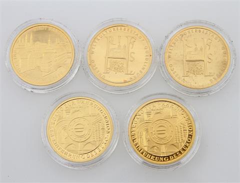 Konvolut BRD/GOLD - 5 x 100 Euro in GOLD, dabei z. B. 1 x BRD - 100 Euro 2004/A, Weltkulturerbestadt Bamberg, prägefrisch,