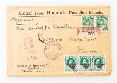 Briefmarken - 1894, Hawaii - Einschreibebrief mit 2 x 1 C und Dreierstreifen der 6 C - Scott 55 (2), 60 (3) - von Honolulu nach
