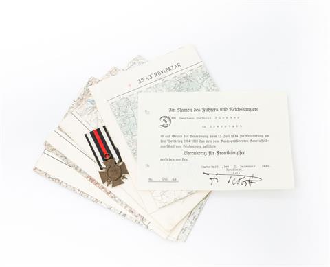 Kleinkonvolut Orden und Landkarten, 1. + 2. WK - Ehrenkreuz für Frontkämpfer, Ordensband beiliegend, in Schatulle mit