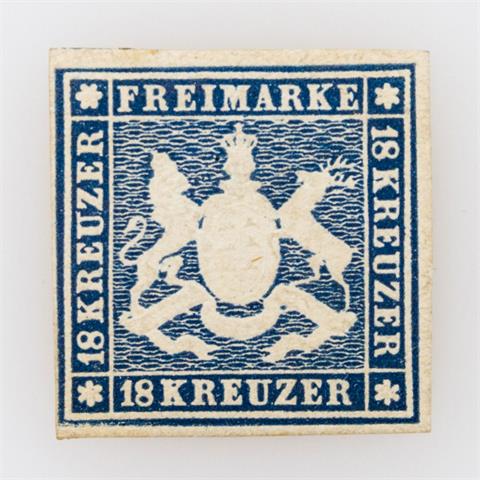 Württemberg - 1859, 18 Kreuzer dunkelbau, ungebraucht seltene Ausgabe ohne Seidenfaden,
