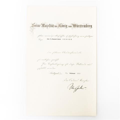 WÜRTTEMBERG. Verleihungsurkunde vom 25. Februar 1912,