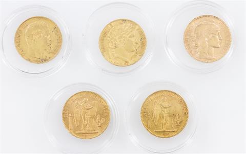 Frankreich / GOLD - Konvolut von 5 x 20 Francs,